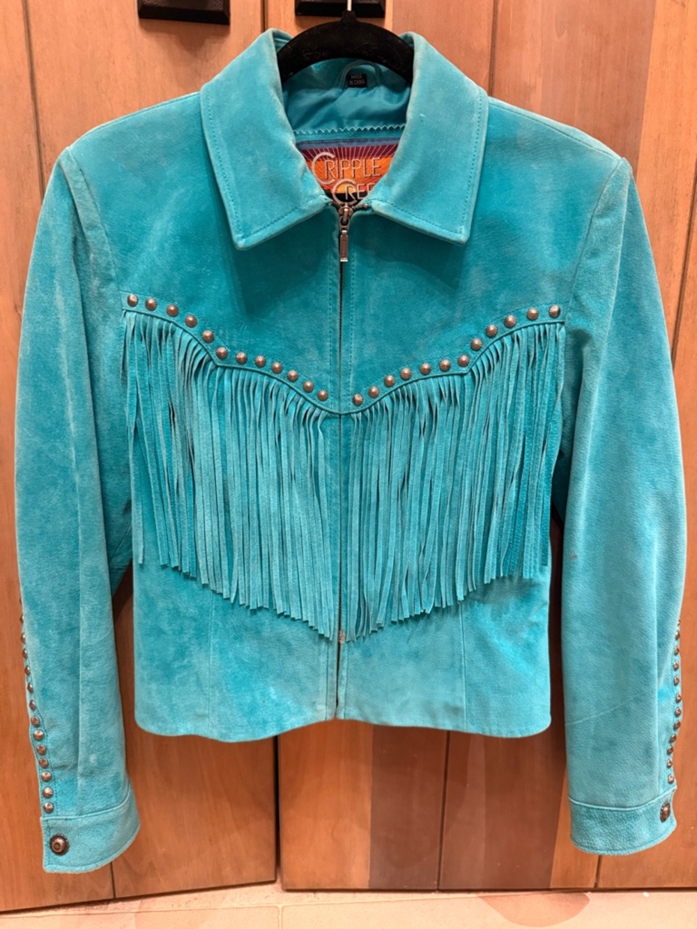 Vintage Cripple Creek Turquoise Boar Suede Fringe Western Jacket - Size XS